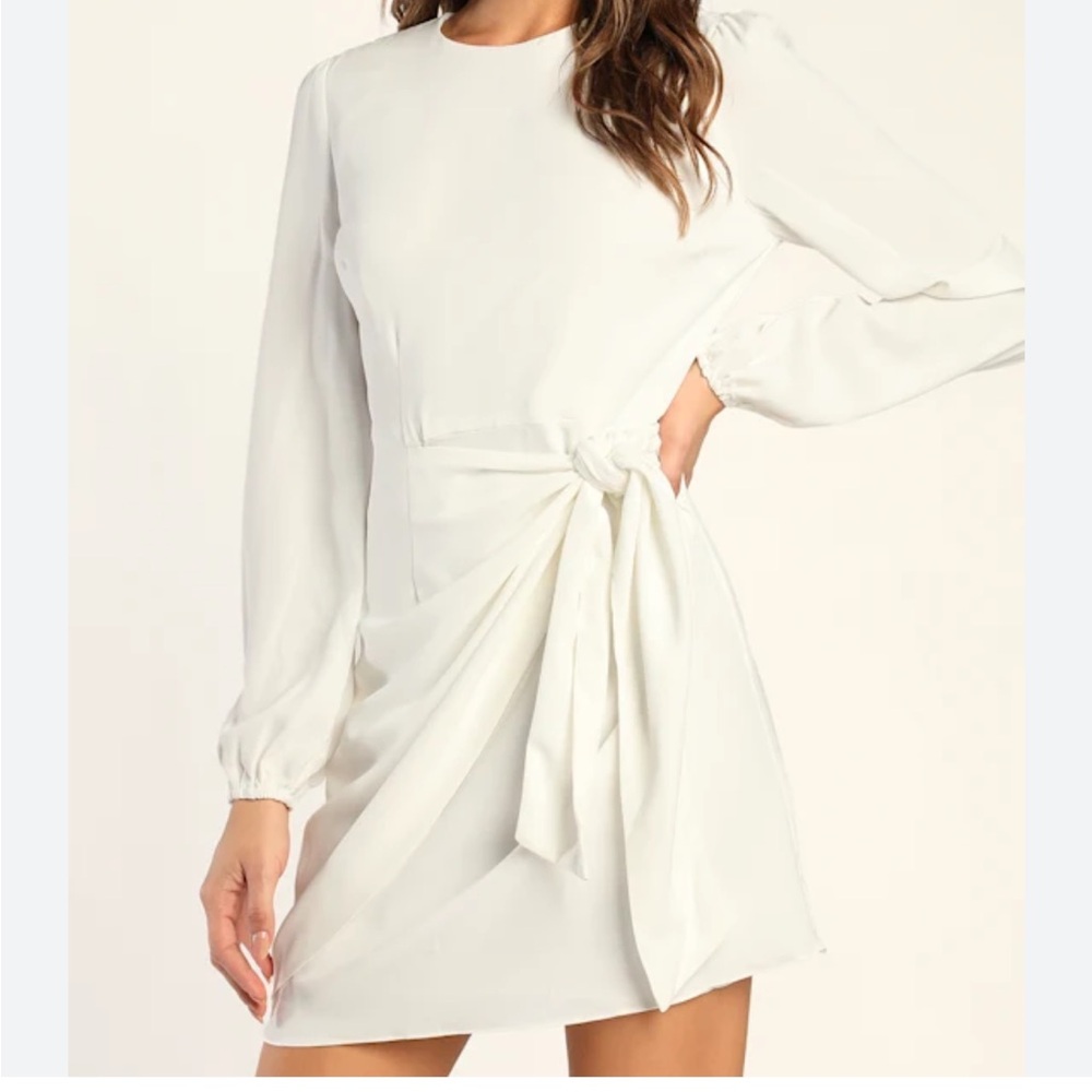 Lulus Believe It or Not Front Tie Skater Dress White Long Sleeve